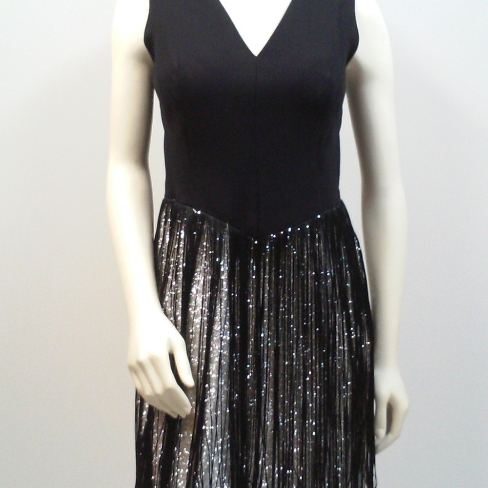 Vintage 60s Black Fringe Dress Pencil Wiggle Flapper Cocktail Dress Silv…